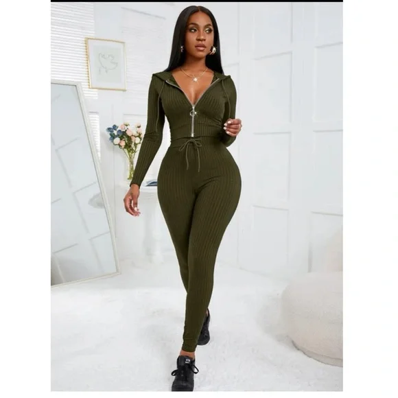 Shein SXY Rib-Knit-O-Ring Zipper Drawstring Hoodie & Leggings - Picture 4 of 10